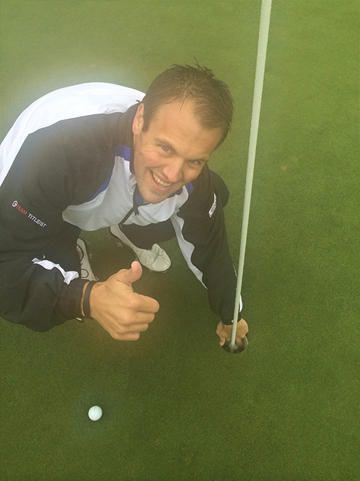 Bubba celebrating a hole-out on #4.