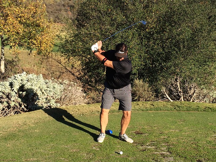 Frank L. takes dead aim on the 165-yard 17th.